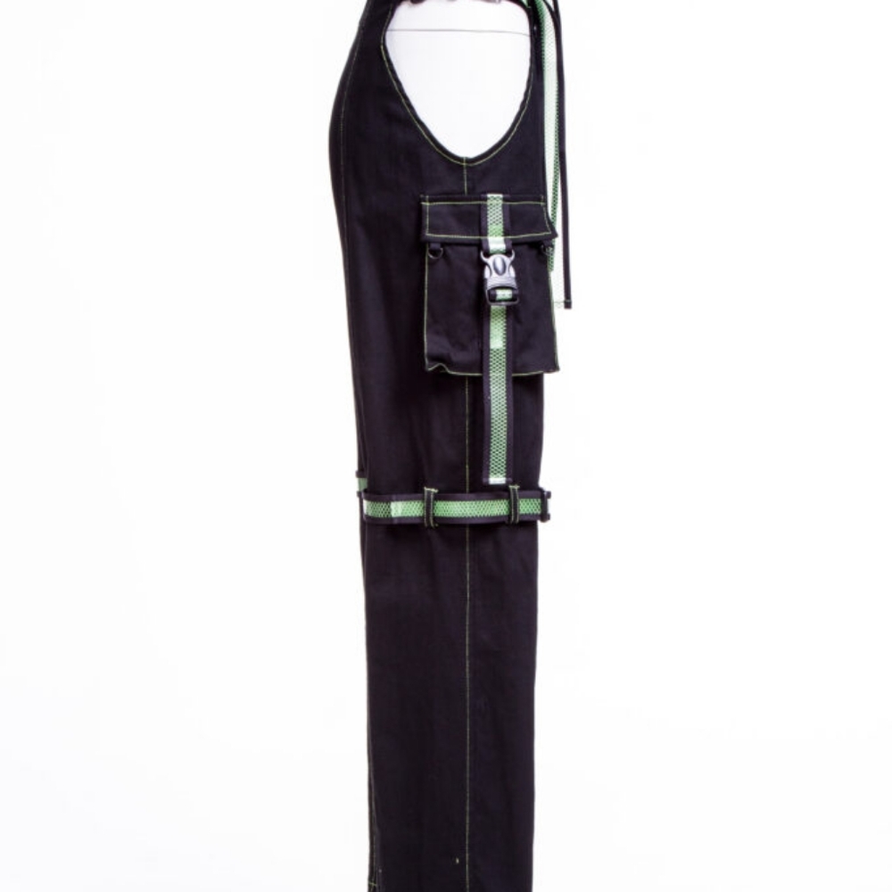 Cybergoth Rave Straight Leg Cargo Pants with Green Buckle & Pockets - Picture 5 of 5